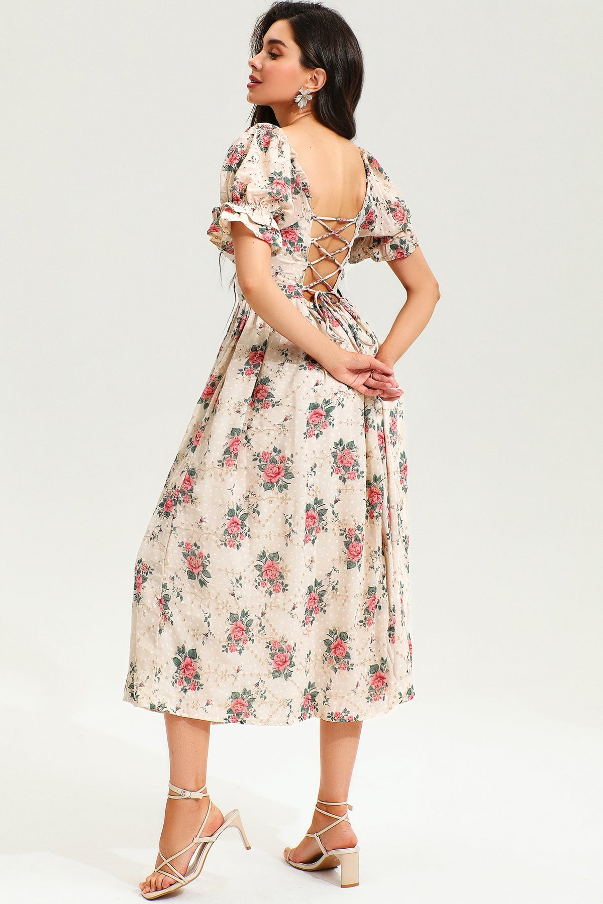 Puff Sleeve Corset Backless Lace Up Slit Midi Dress Pink