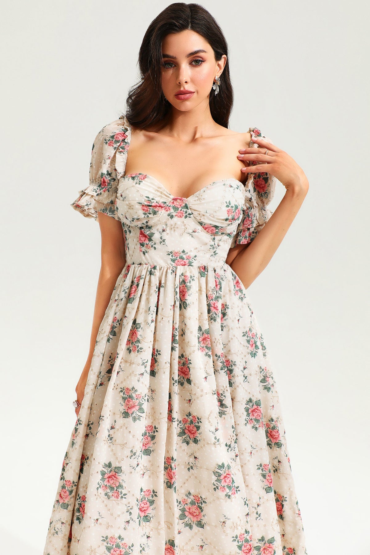 Puff Sleeve Corset Backless Lace Up Slit Midi Dress Pink