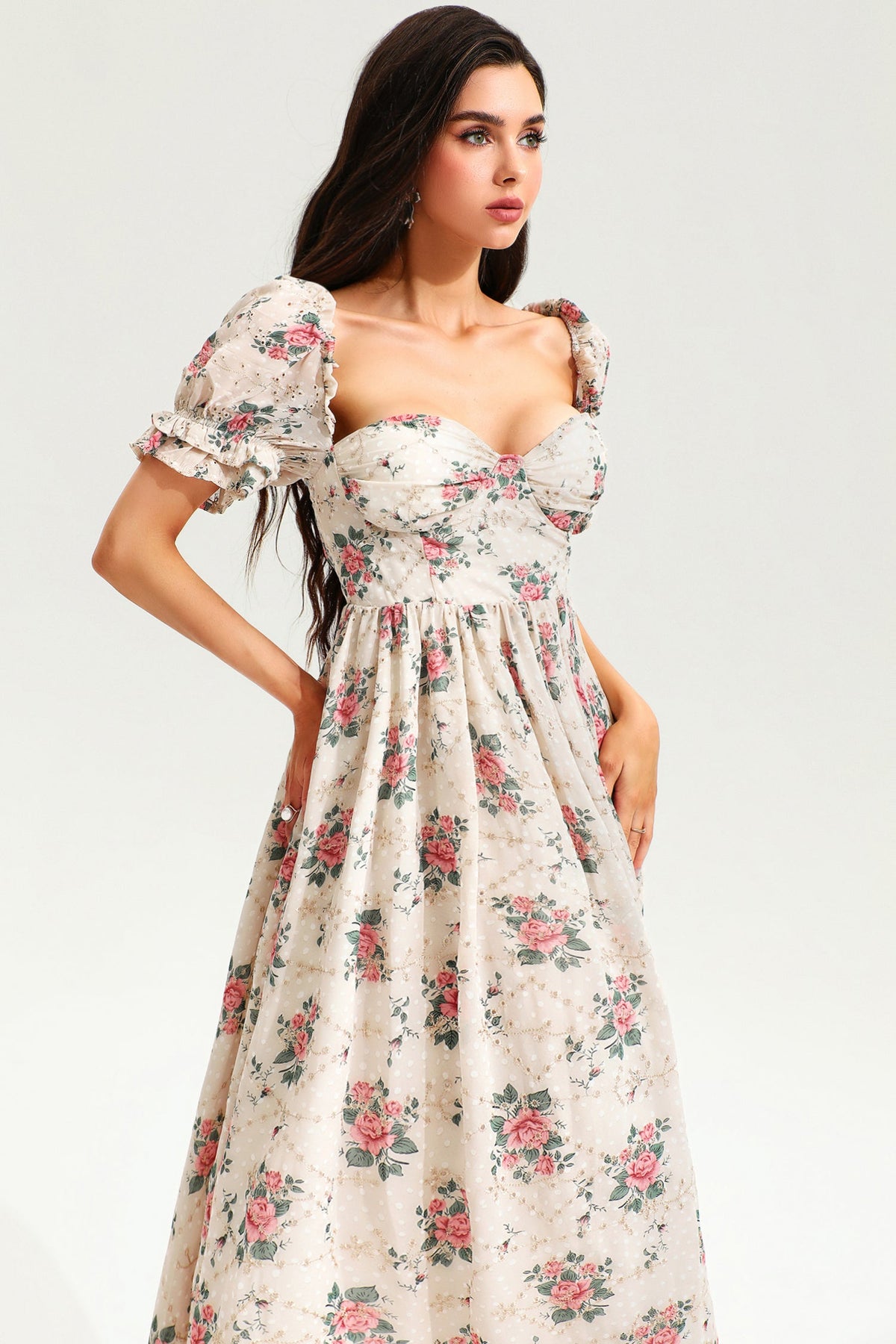 Puff Sleeve Corset Backless Lace Up Slit Midi Dress Pink