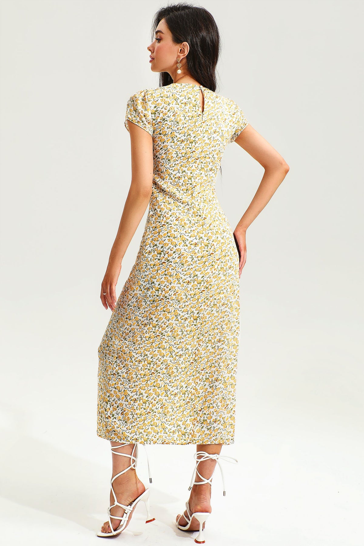 Short Sleeve Crew Collar Pleated Slit Midi Dress