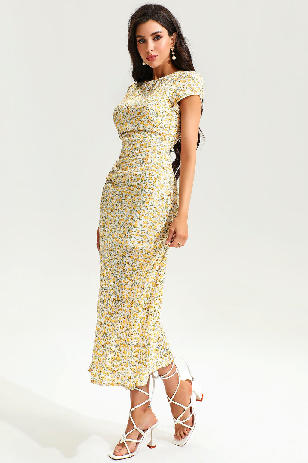 Short Sleeve Crew Collar Pleated Slit Midi Dress