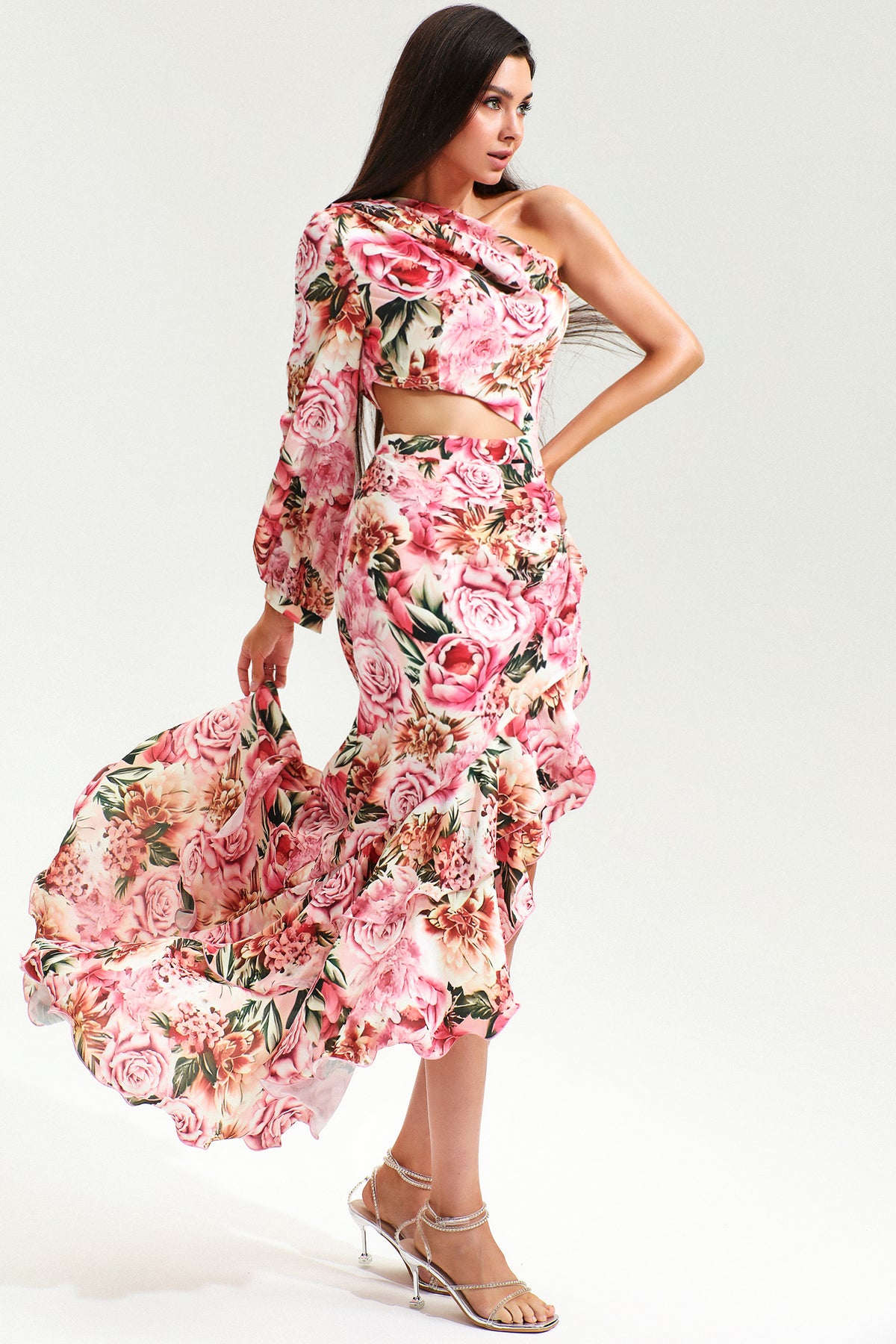 Slanted Shoulder Long Sleeve Ruffle Irregular Maxi Dress