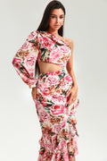 Slanted Shoulder Long Sleeve Ruffle Irregular Maxi Dress