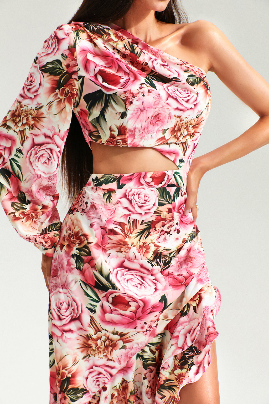 Slanted Shoulder Long Sleeve Ruffle Irregular Maxi Dress