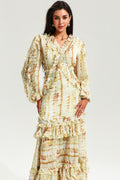 V-neck Lace Puff Sleeve Tiered Ruffle Hem Maxi Dress Yellow