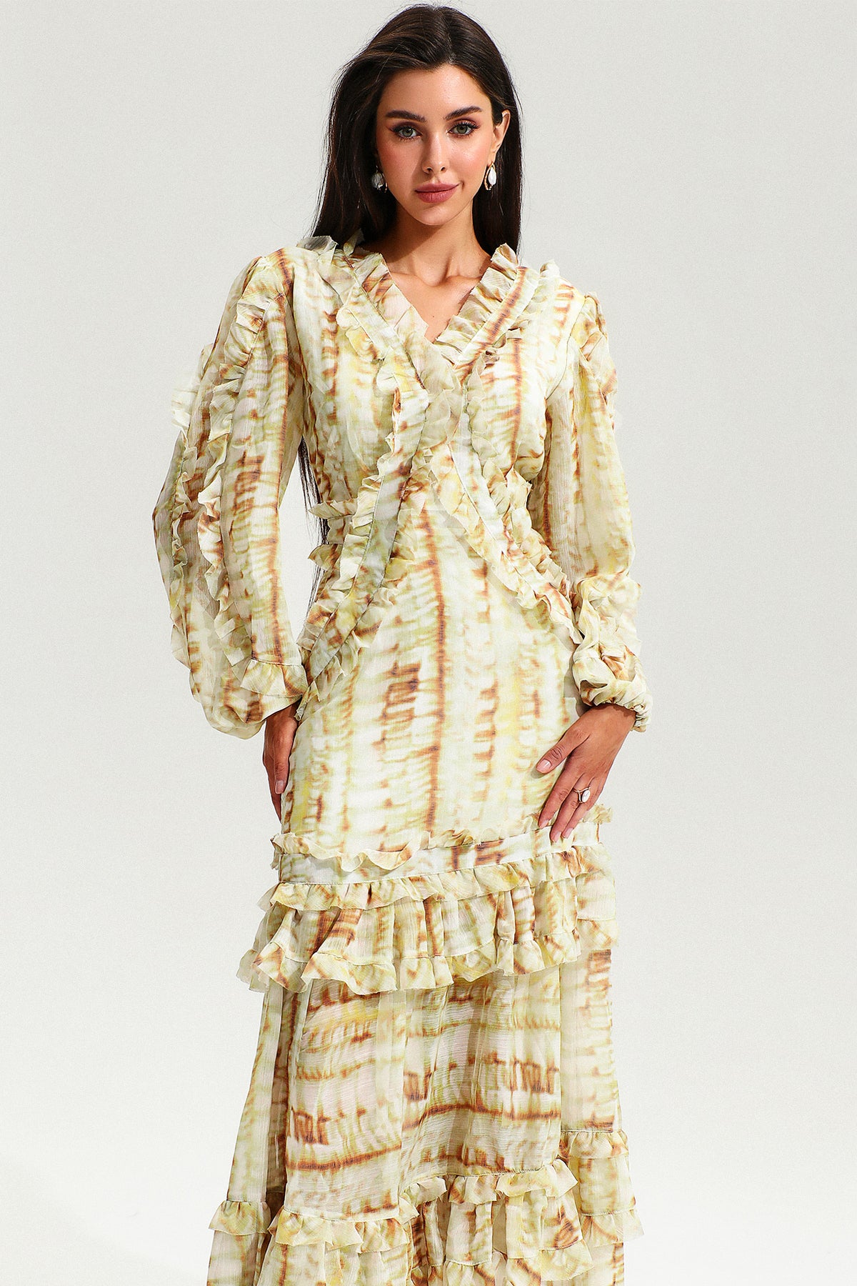 V-neck Lace Puff Sleeve Tiered Ruffle Hem Maxi Dress Yellow