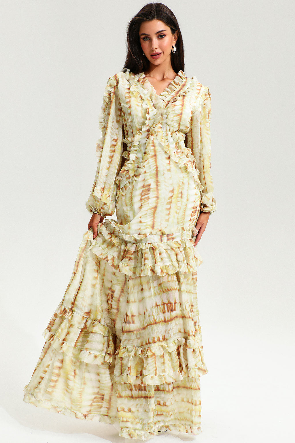 V-neck Lace Puff Sleeve Tiered Ruffle Hem Maxi Dress Yellow