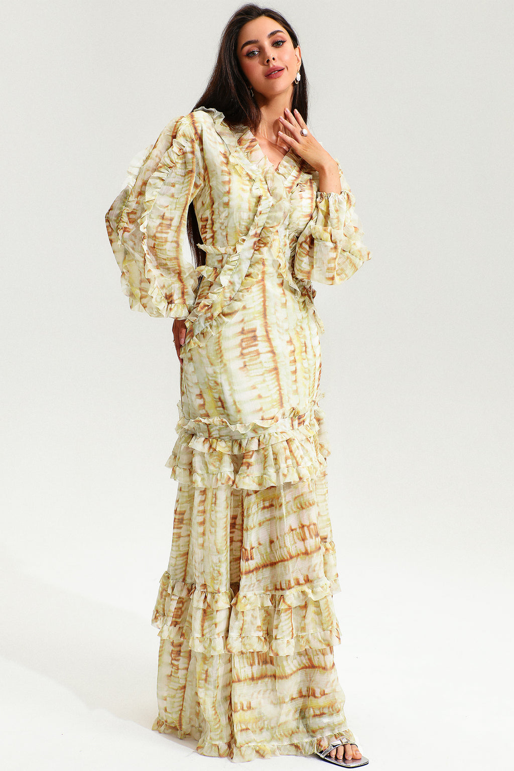 V-neck Lace Puff Sleeve Tiered Ruffle Hem Maxi Dress Yellow