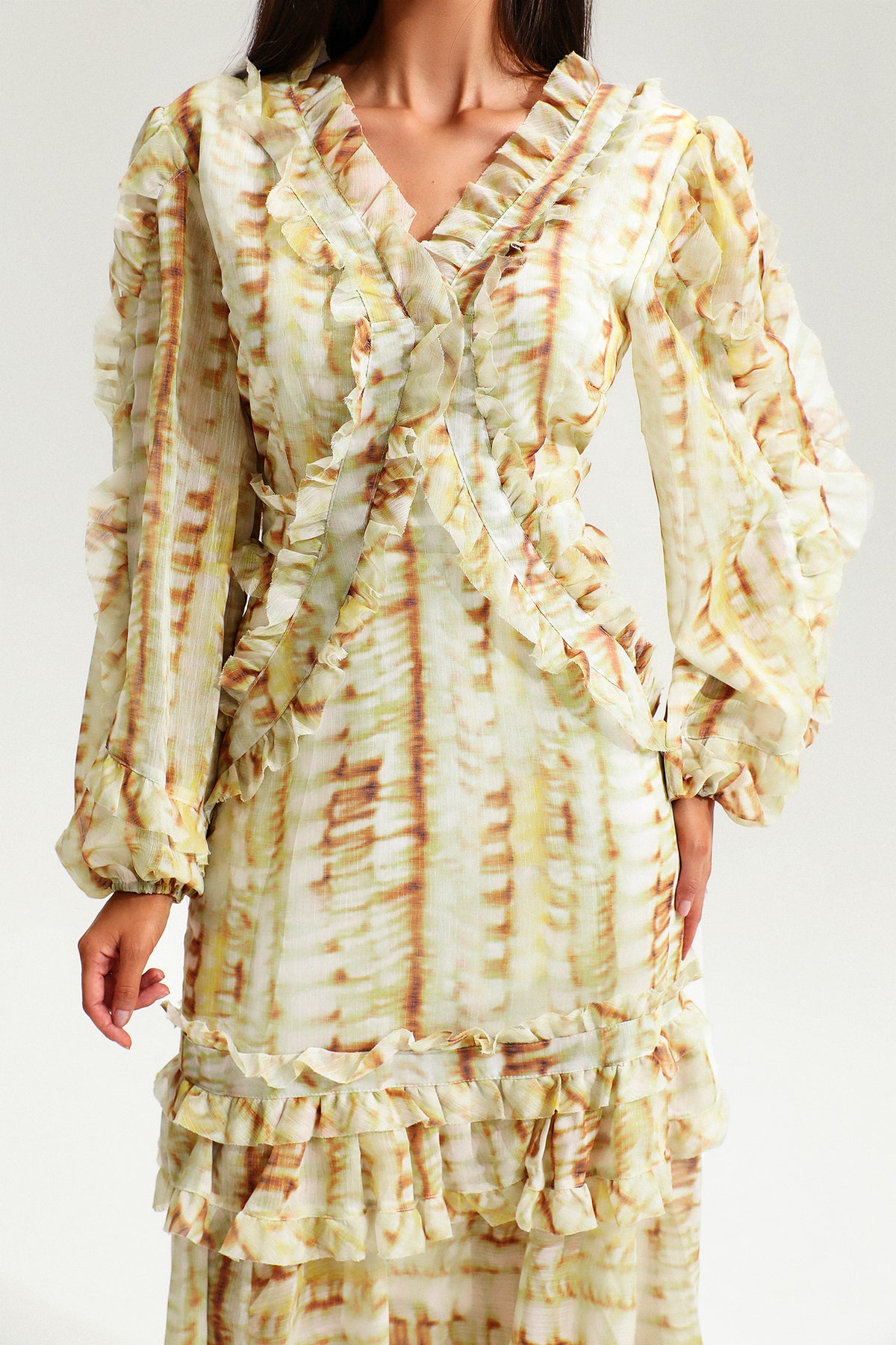 V-neck Lace Puff Sleeve Tiered Ruffle Hem Maxi Dress Yellow