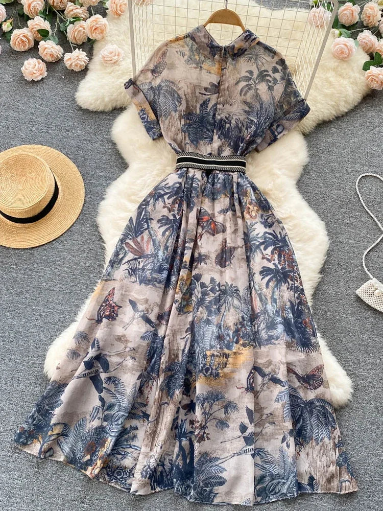 Party Dress Summer French Print Dress High Waist Retro Single Breasted Belt Long Dress