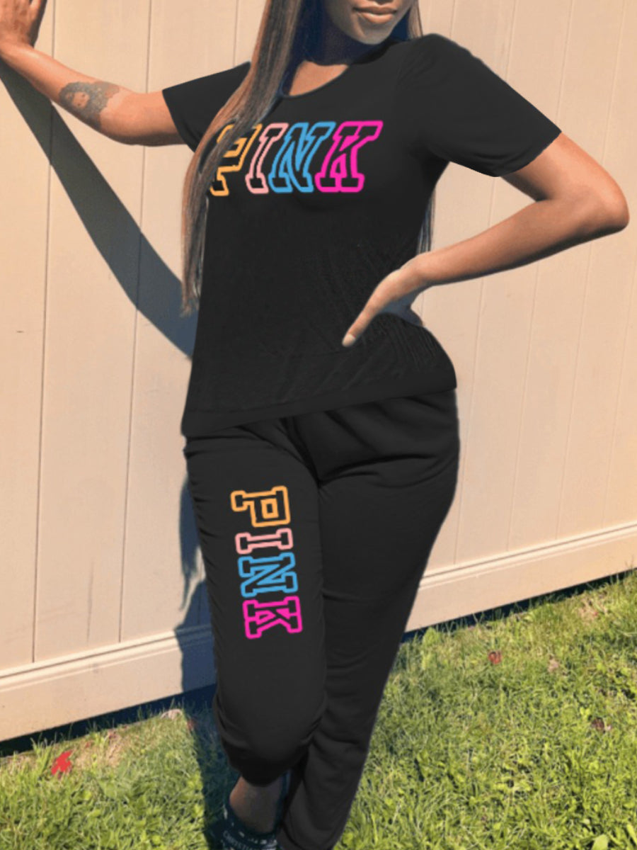 Pink Letter Print Pants Set Ar5057