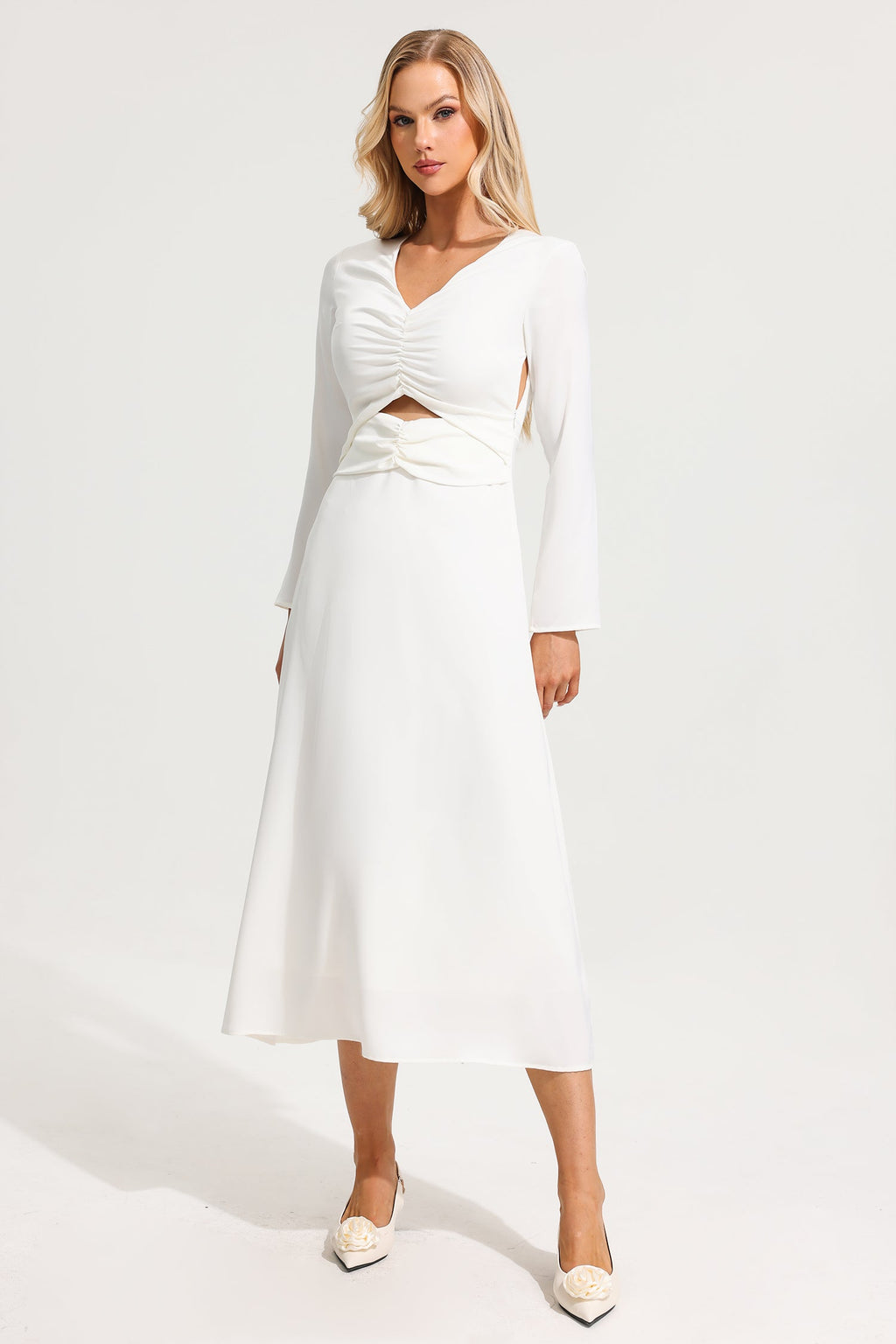 Satin V-neck Long Sleeve Maxi Dress
