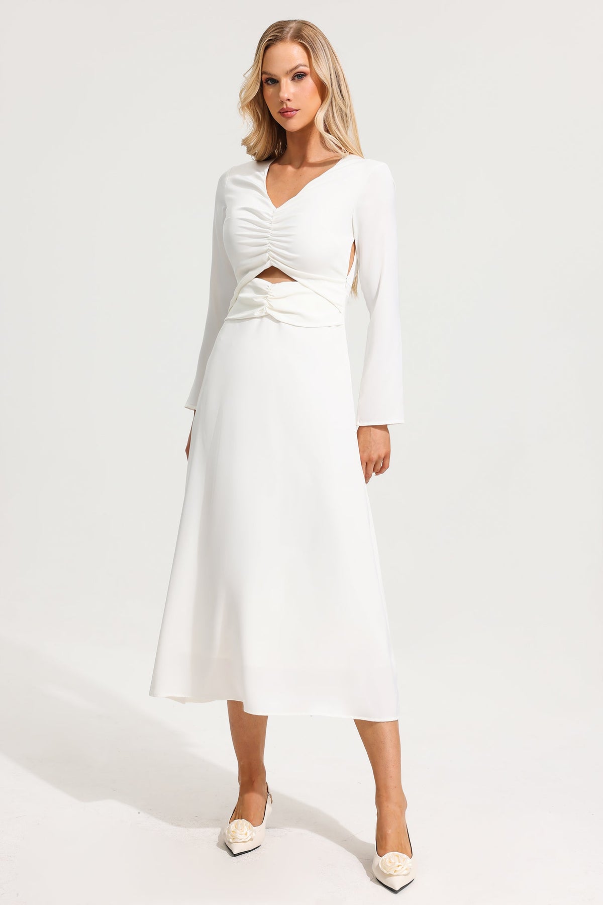 Satin V-neck Long Sleeve Maxi Dress
