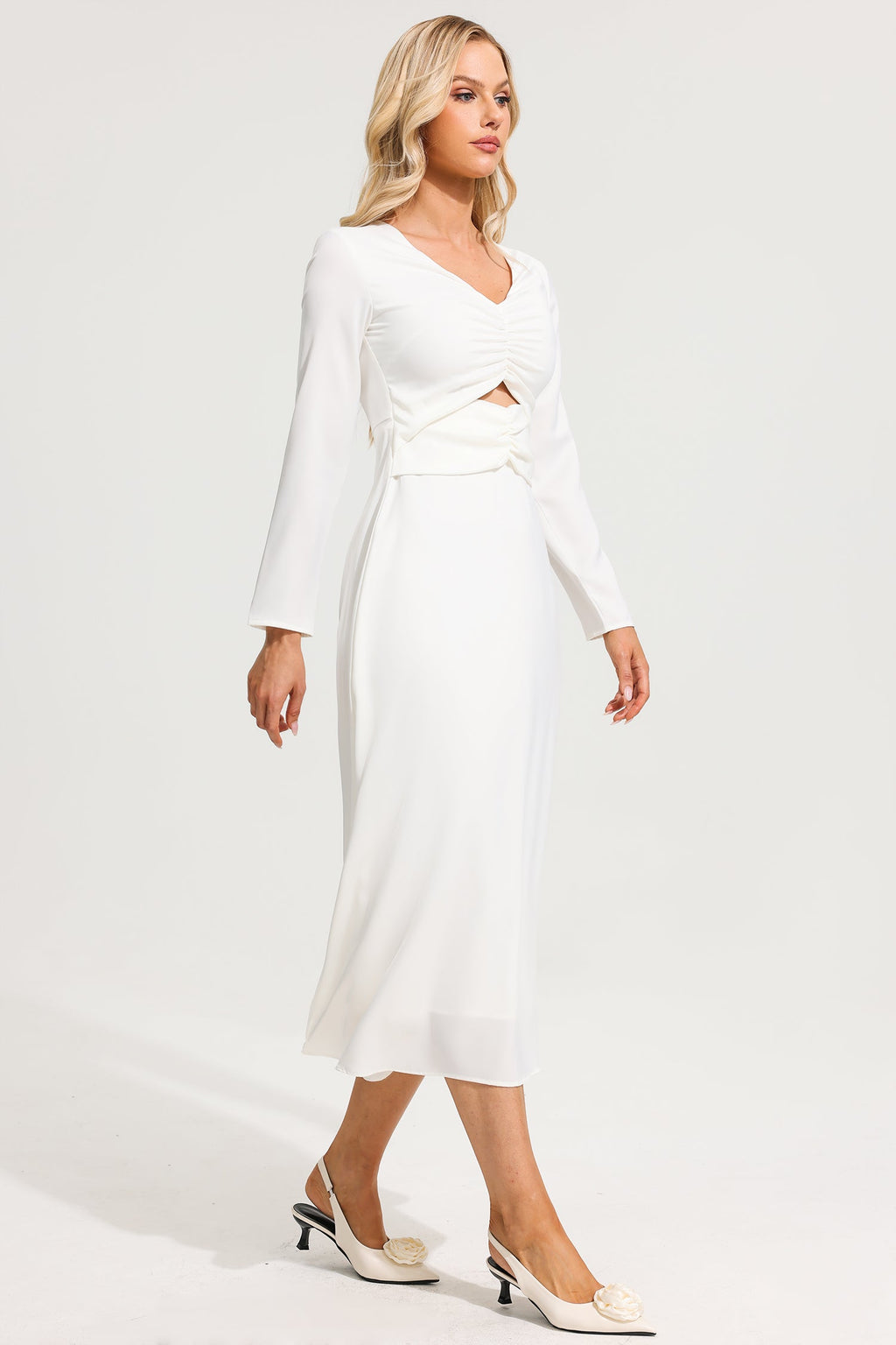 Satin V-neck Long Sleeve Maxi Dress