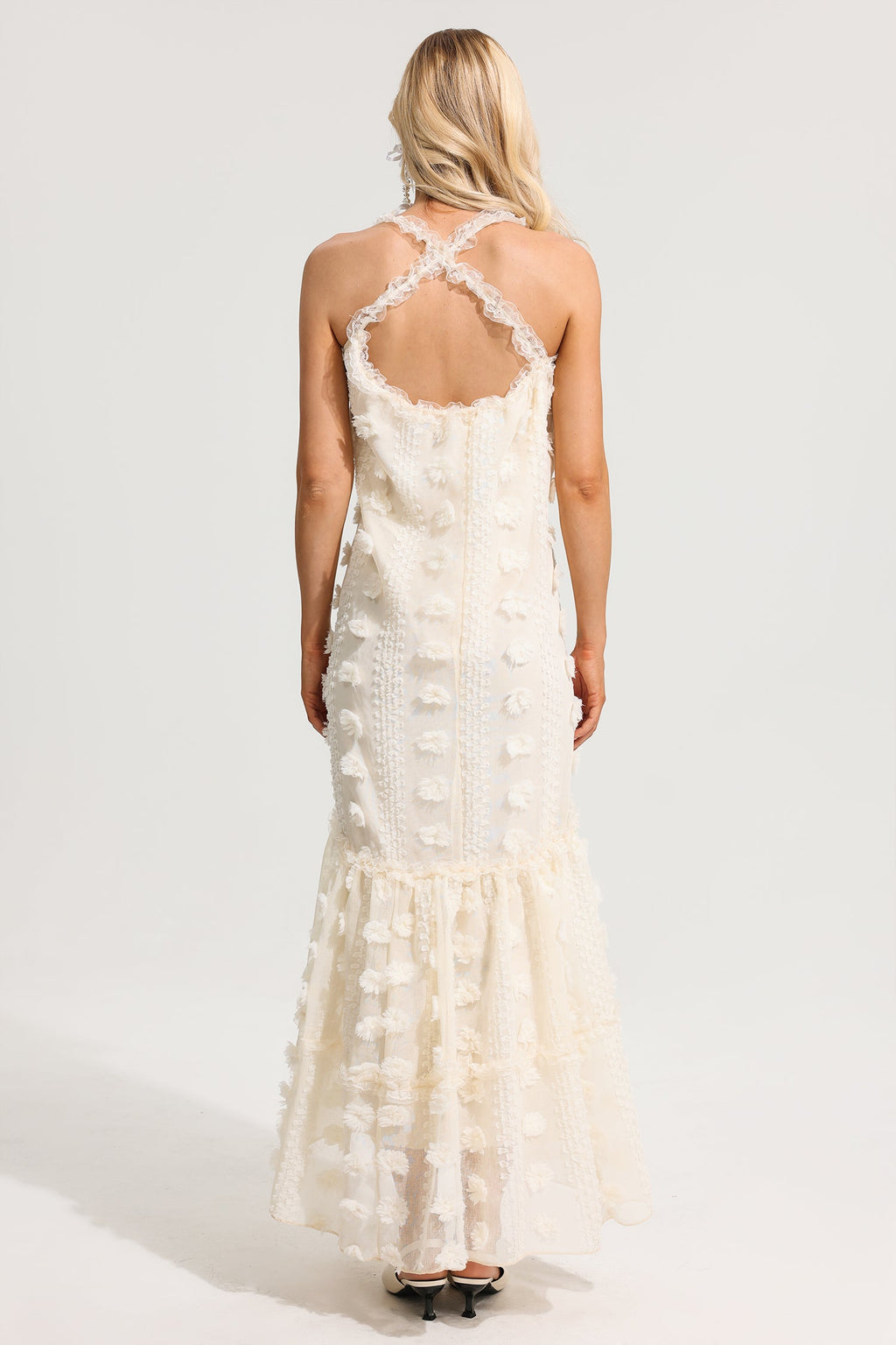 Ruffle 3d Flower Halter Neck Maxi Dress