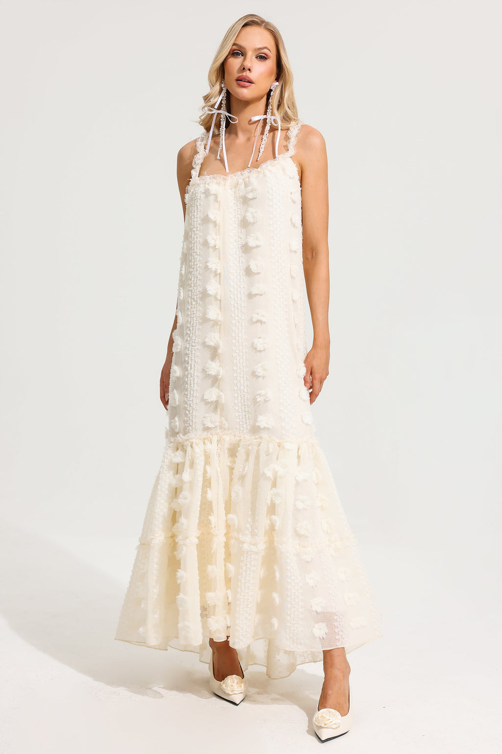 Ruffle 3d Flower Halter Neck Maxi Dress
