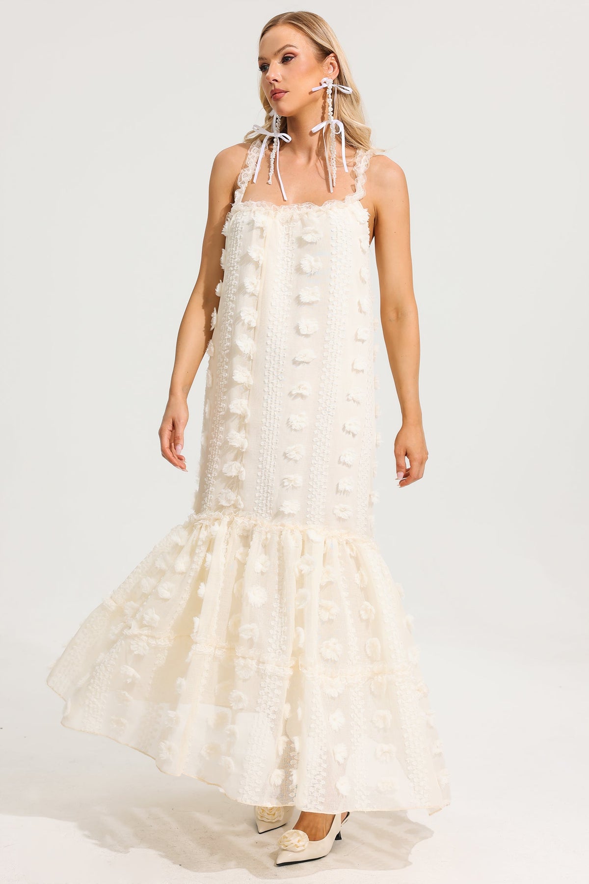 Ruffle 3d Flower Halter Neck Maxi Dress