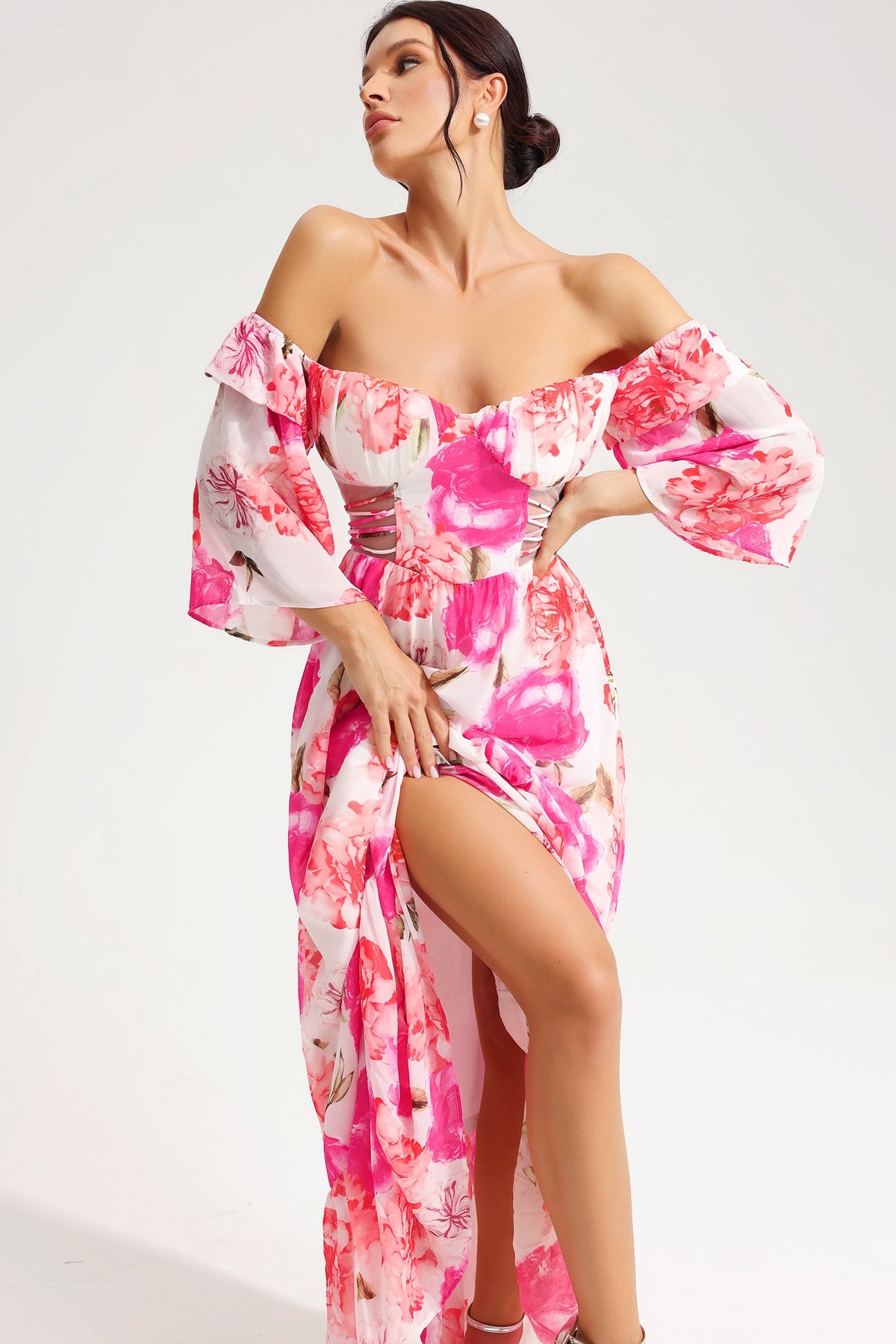 Off-shoulder Cut Out Lace Up Maxi Dress Red