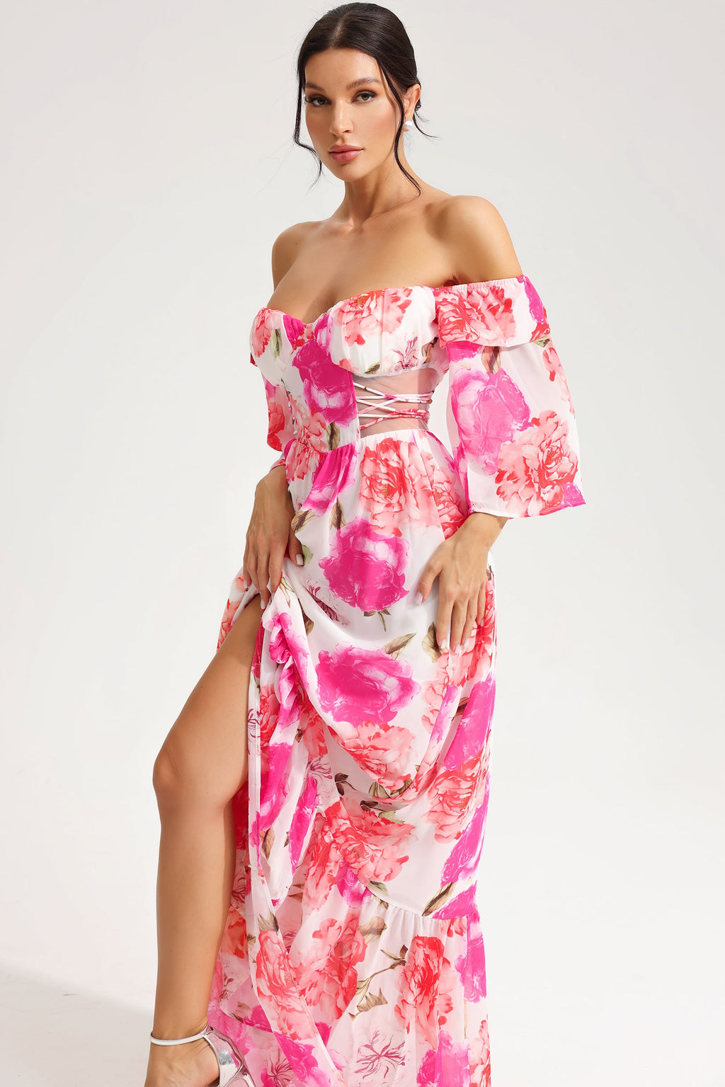 Off-shoulder Cut Out Lace Up Maxi Dress Red