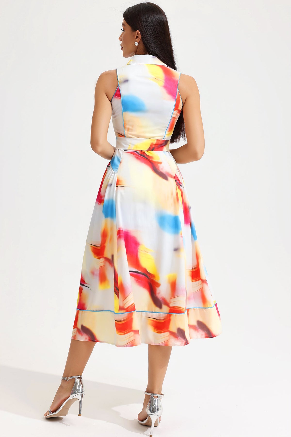 Printed Sleeveless Lapel Lace Up Midi Dress