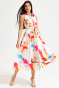 Printed Sleeveless Lapel Lace Up Midi Dress