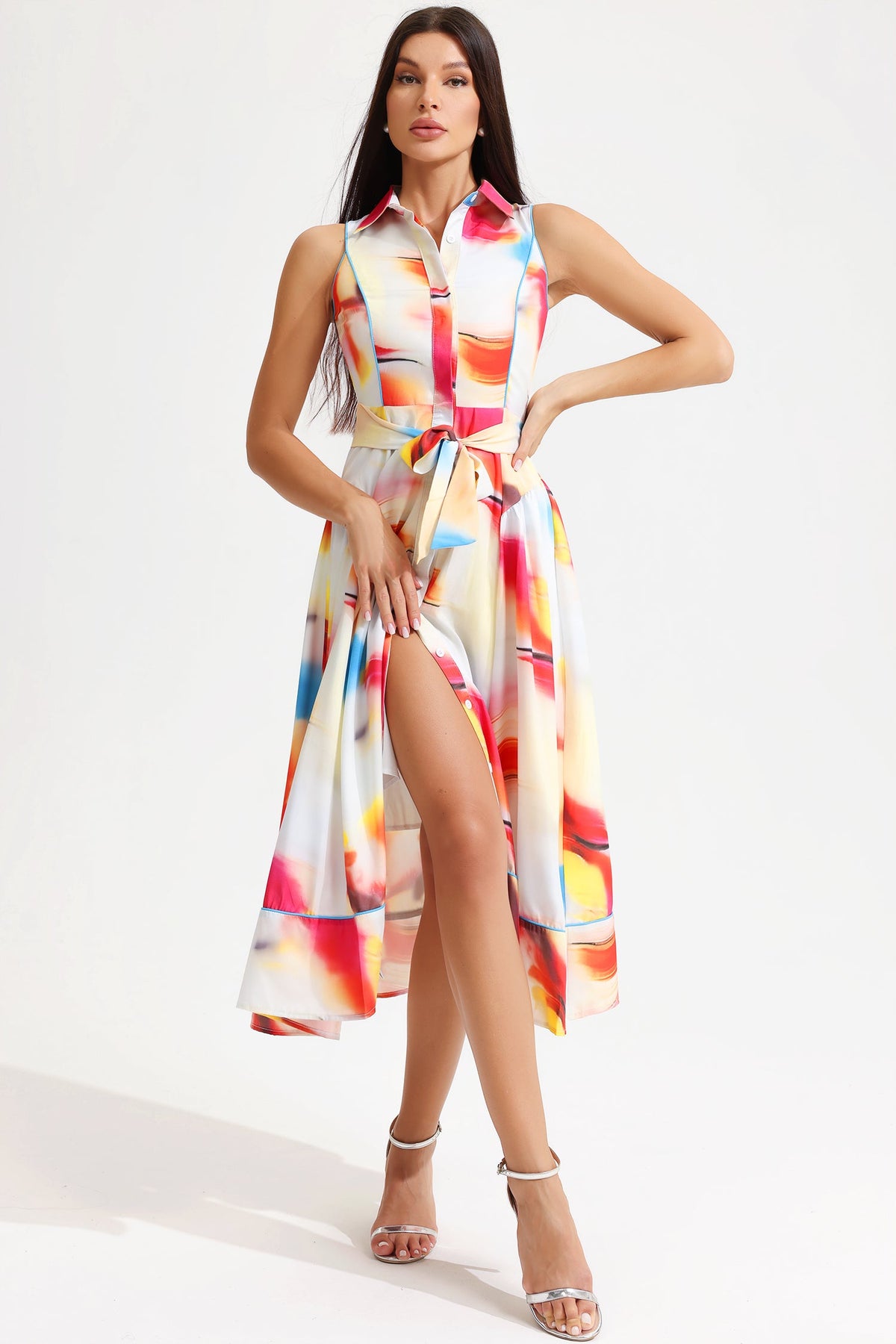 Printed Sleeveless Lapel Lace Up Midi Dress