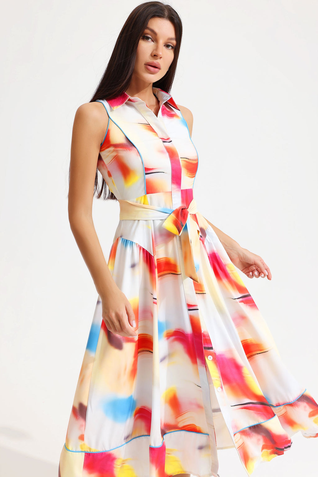 Printed Sleeveless Lapel Lace Up Midi Dress