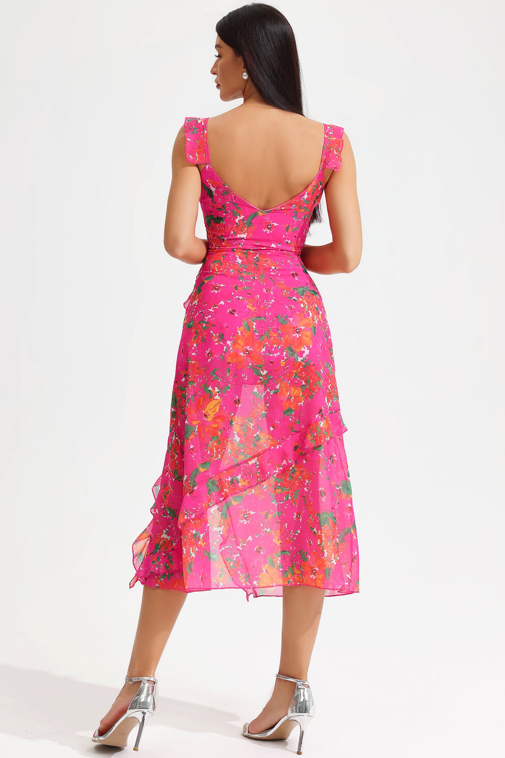 Sleeveless V-neck Ruffle Hem Slit Midi Dress