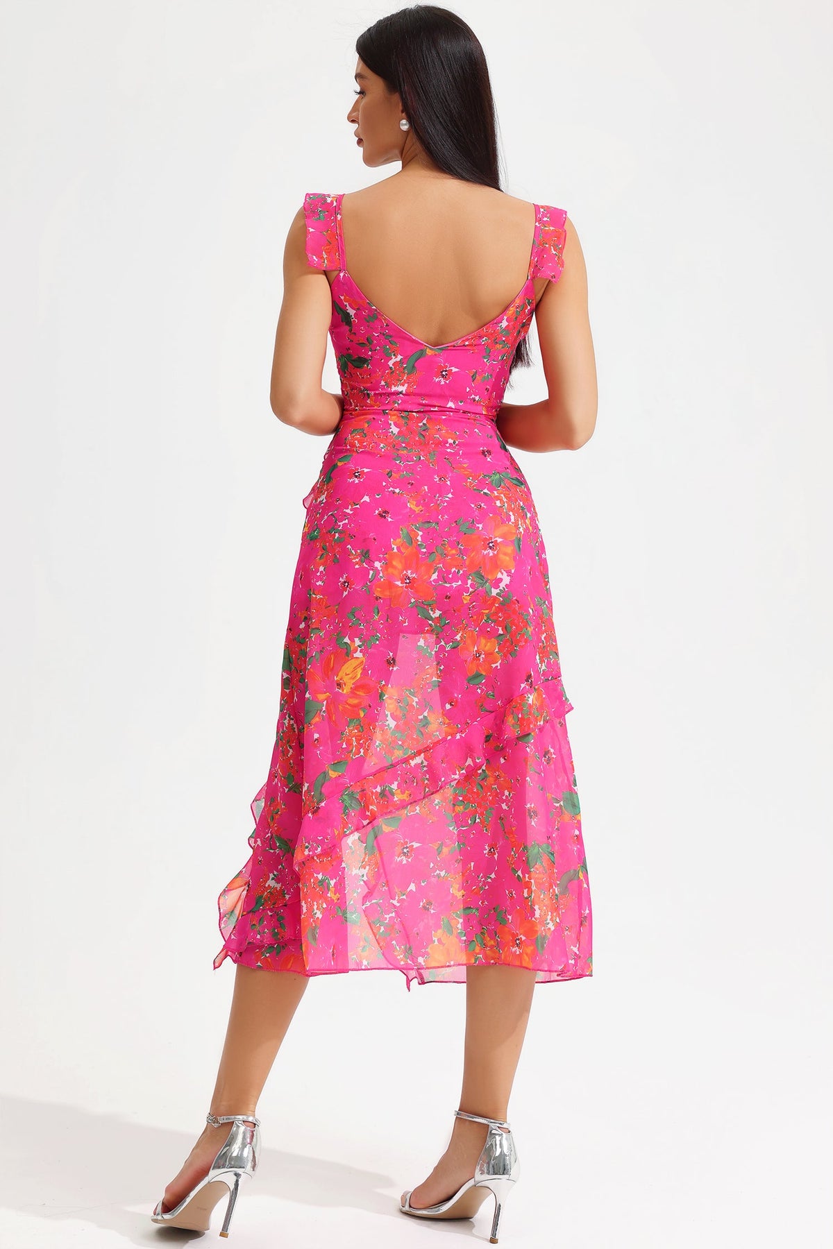 Sleeveless V-neck Ruffle Hem Slit Midi Dress