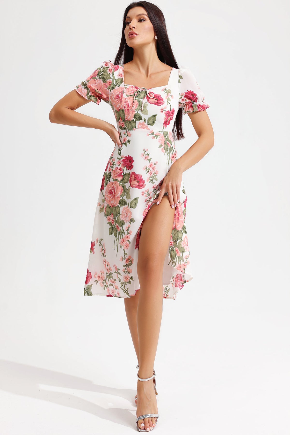 Puff Sleeve Square Collar Slit Midi Dress