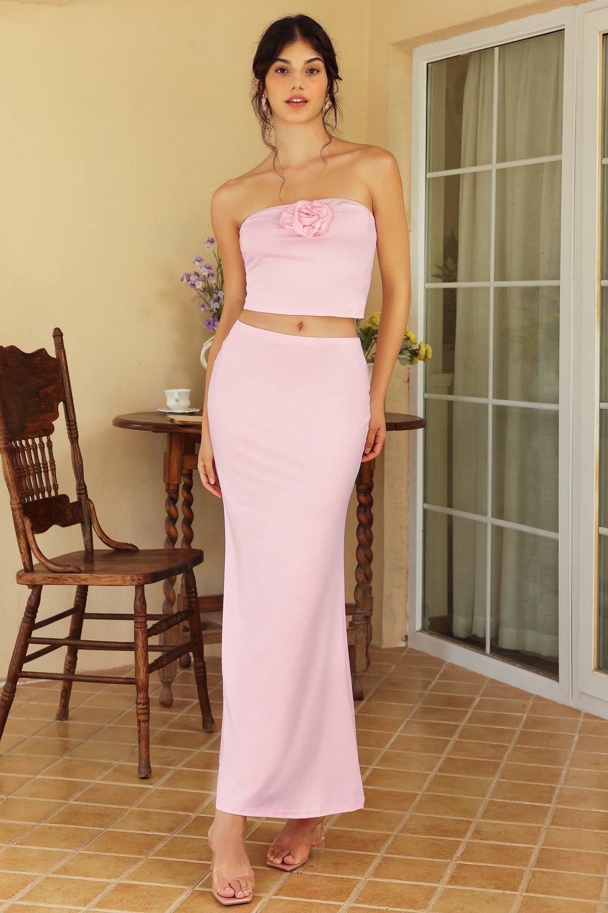 Sleeveless Off-shoulder Flower Two-piece Set Pink