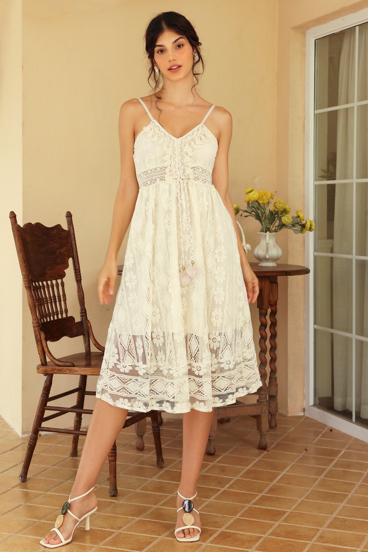 Cami Flounce Hem Jacquard Lace Hem Midi Dress White