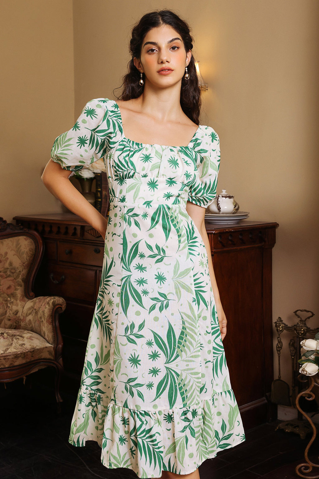 Puff Sleeve Square Collar Slit Midi Dress Green