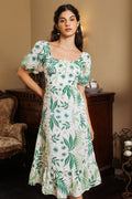 Puff Sleeve Square Collar Slit Midi Dress Green