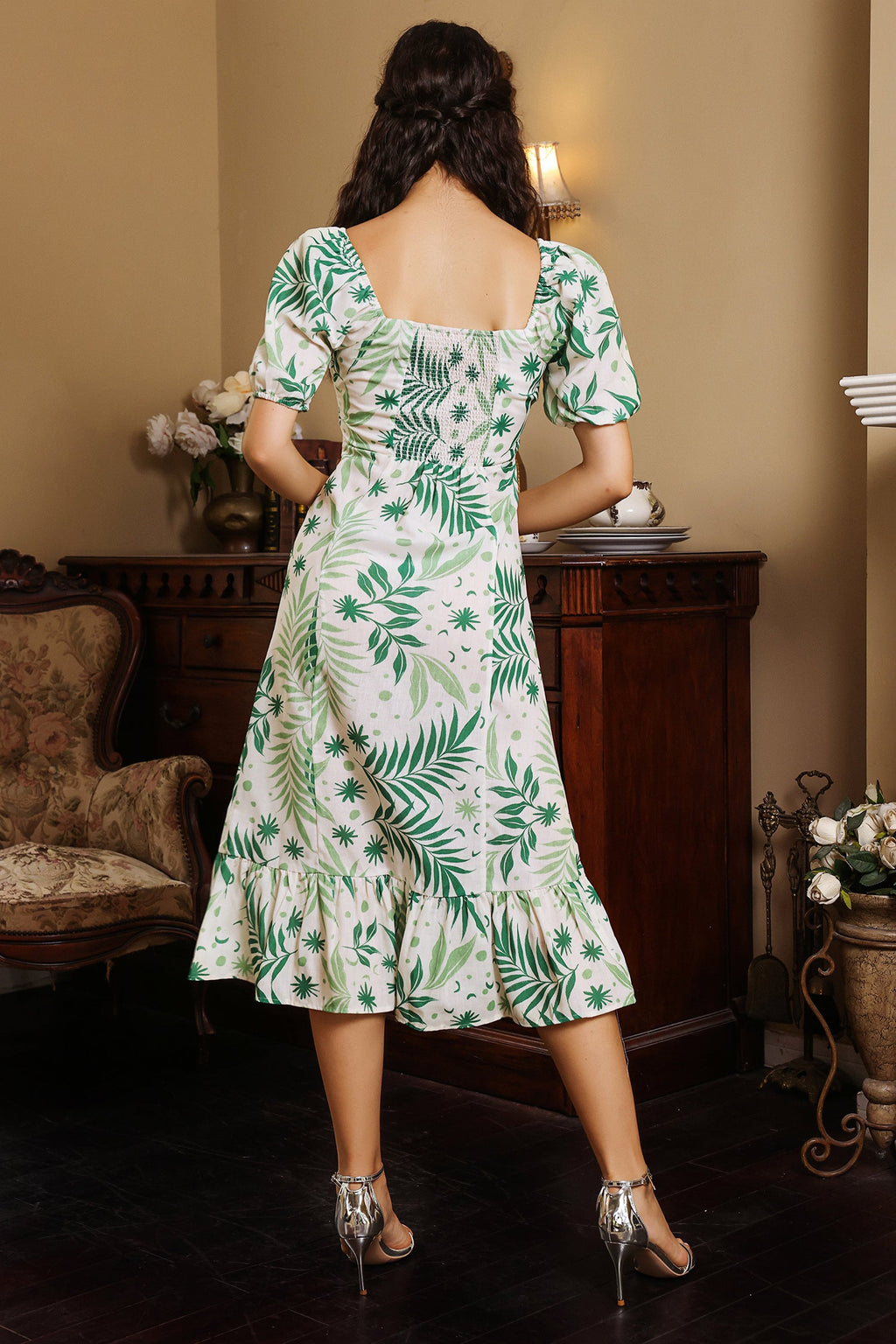 Puff Sleeve Square Collar Slit Midi Dress Green