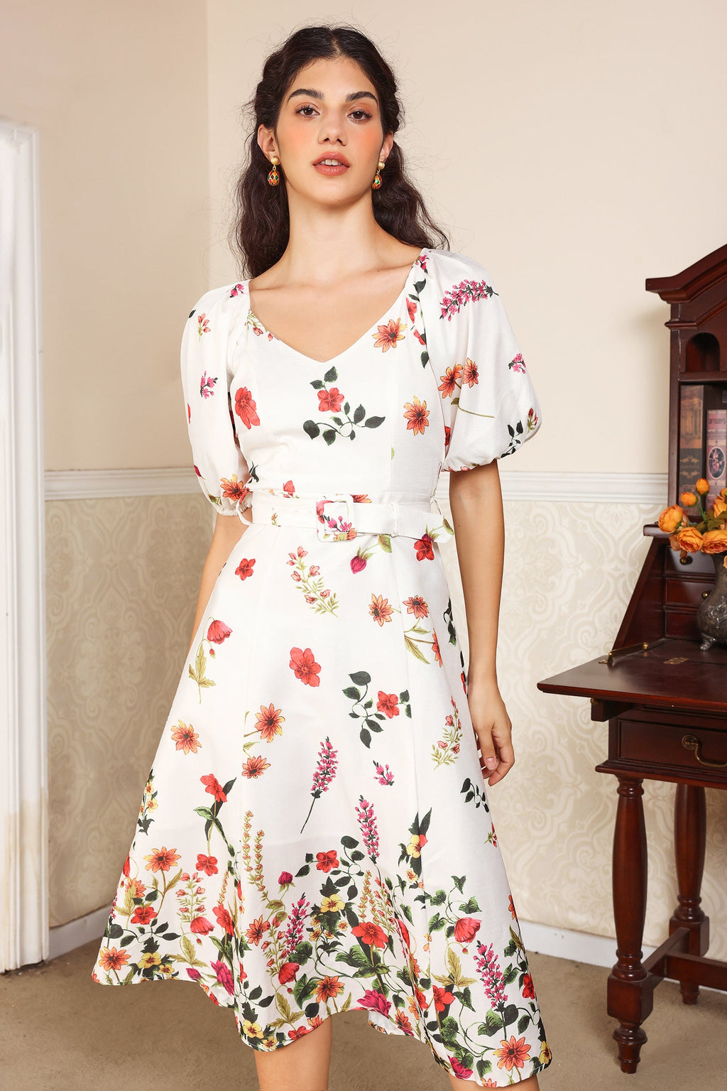 Puff Sleeve V-neck Belted Midi Dress
