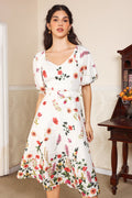 Puff Sleeve V-neck Belted Midi Dress
