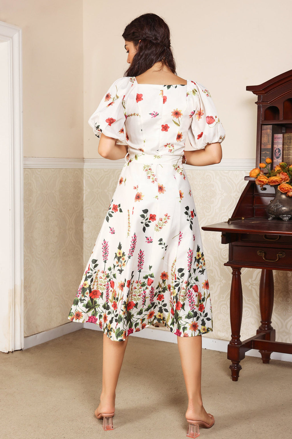 Puff Sleeve V-neck Belted Midi Dress