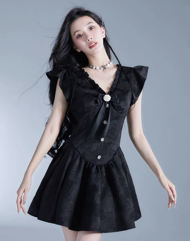 -inspired Black Flutter Sleeve Mini Dress With Button Front