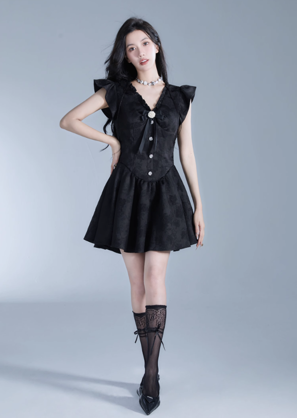 -inspired Black Flutter Sleeve Mini Dress With Button Front
