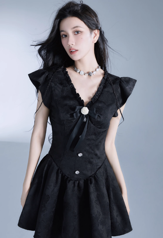 -inspired Black Flutter Sleeve Mini Dress With Button Front