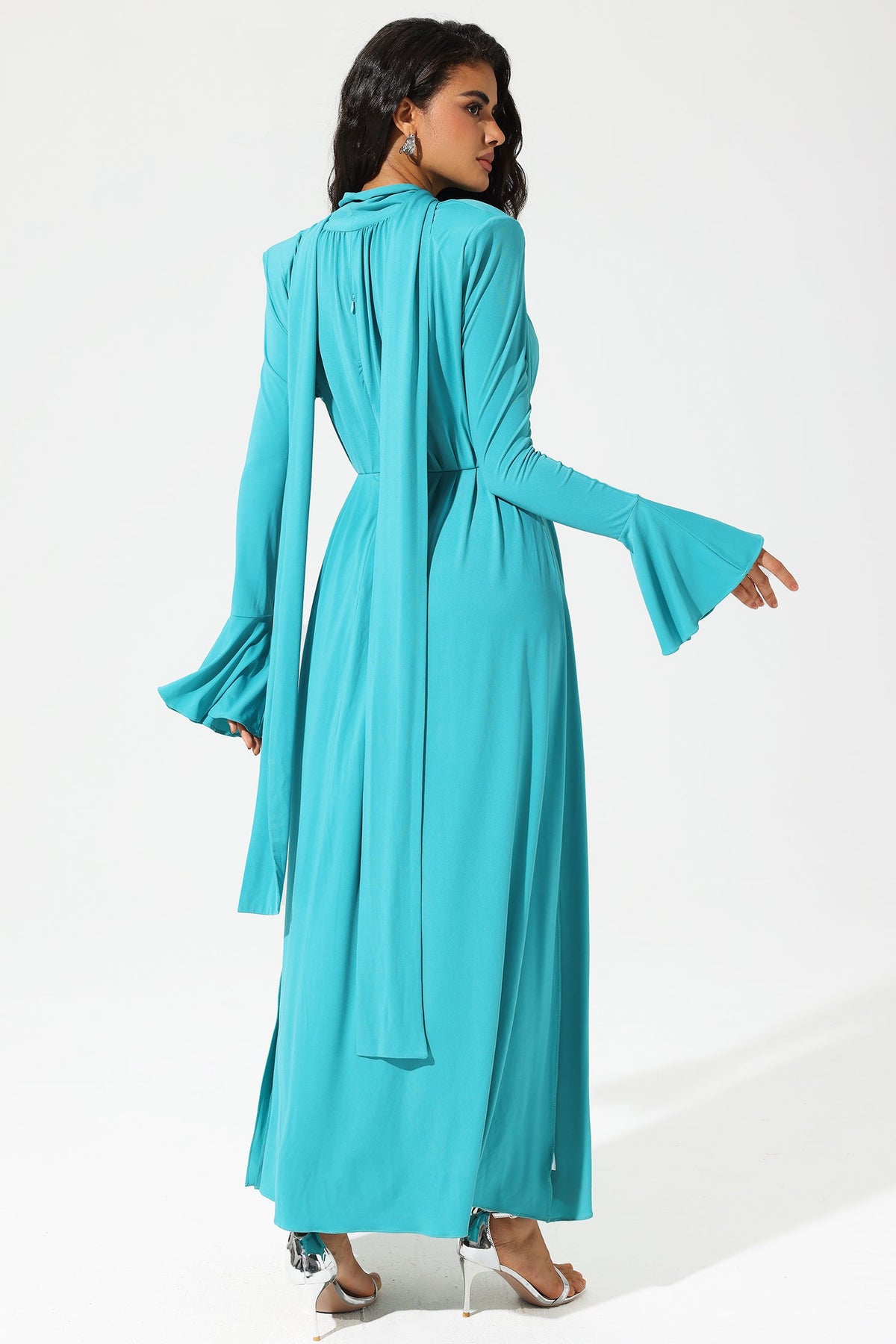Lantern Sleeve High Collar Flower Slit Midi Dress Blue