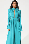Lantern Sleeve High Collar Flower Slit Midi Dress Blue