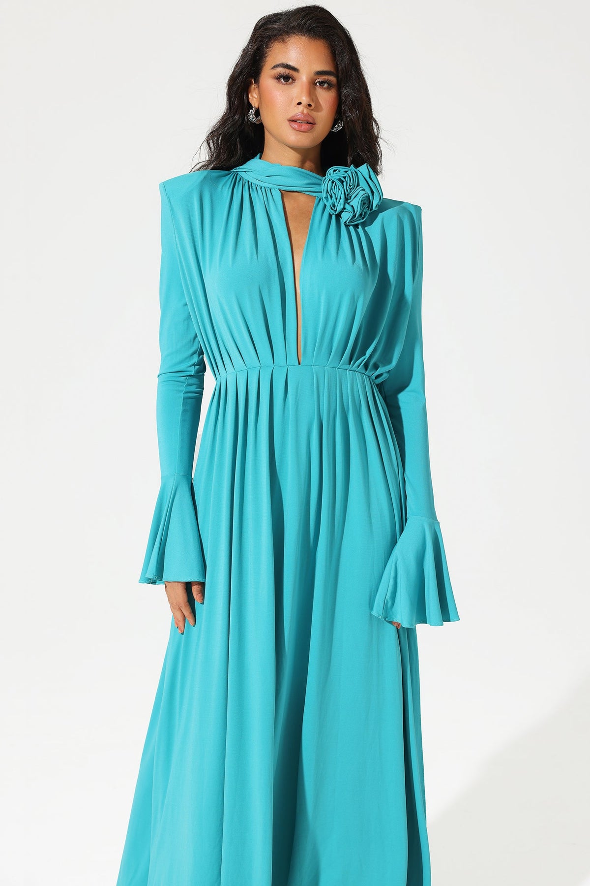 Lantern Sleeve High Collar Flower Slit Midi Dress Blue