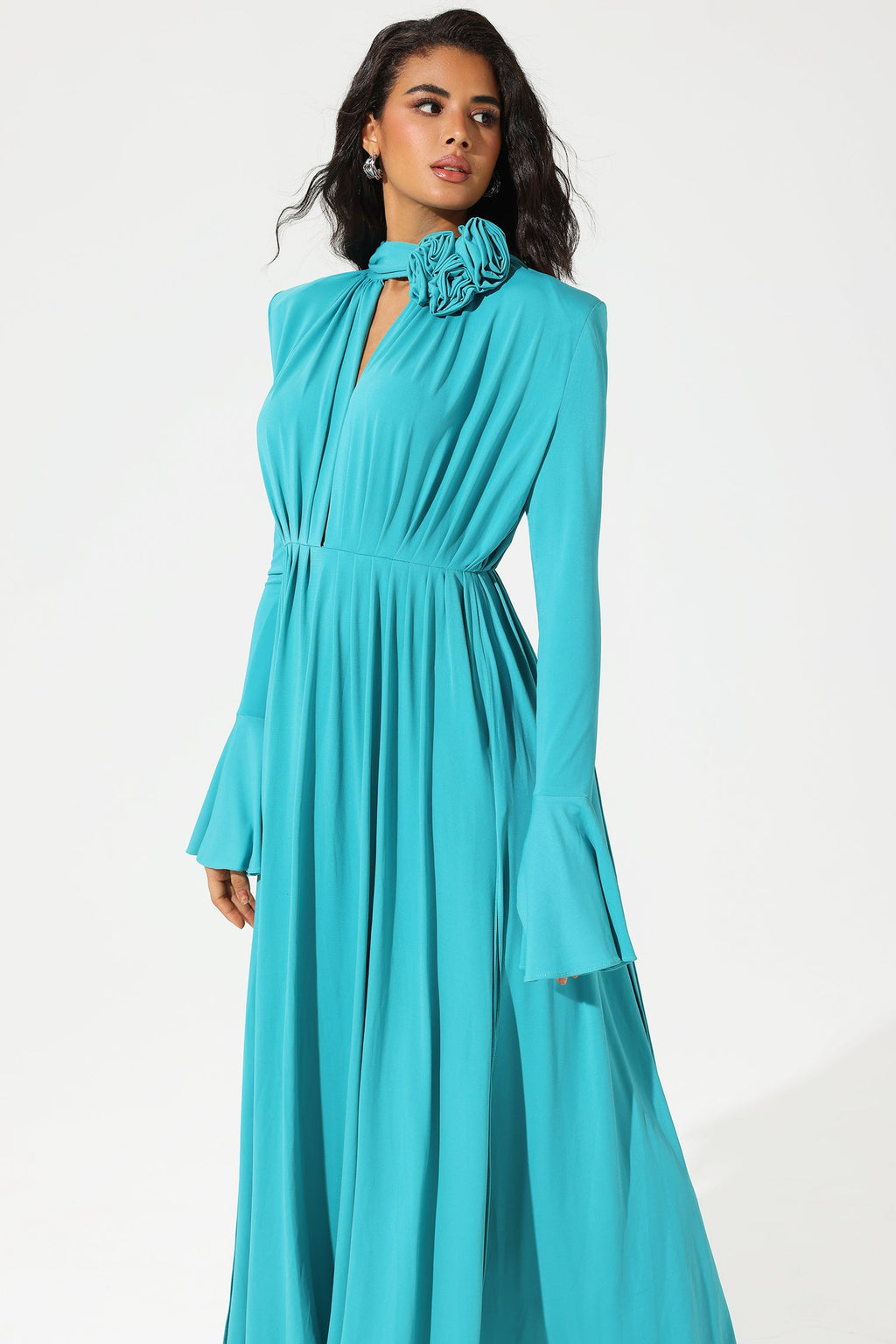 Lantern Sleeve High Collar Flower Slit Midi Dress Blue
