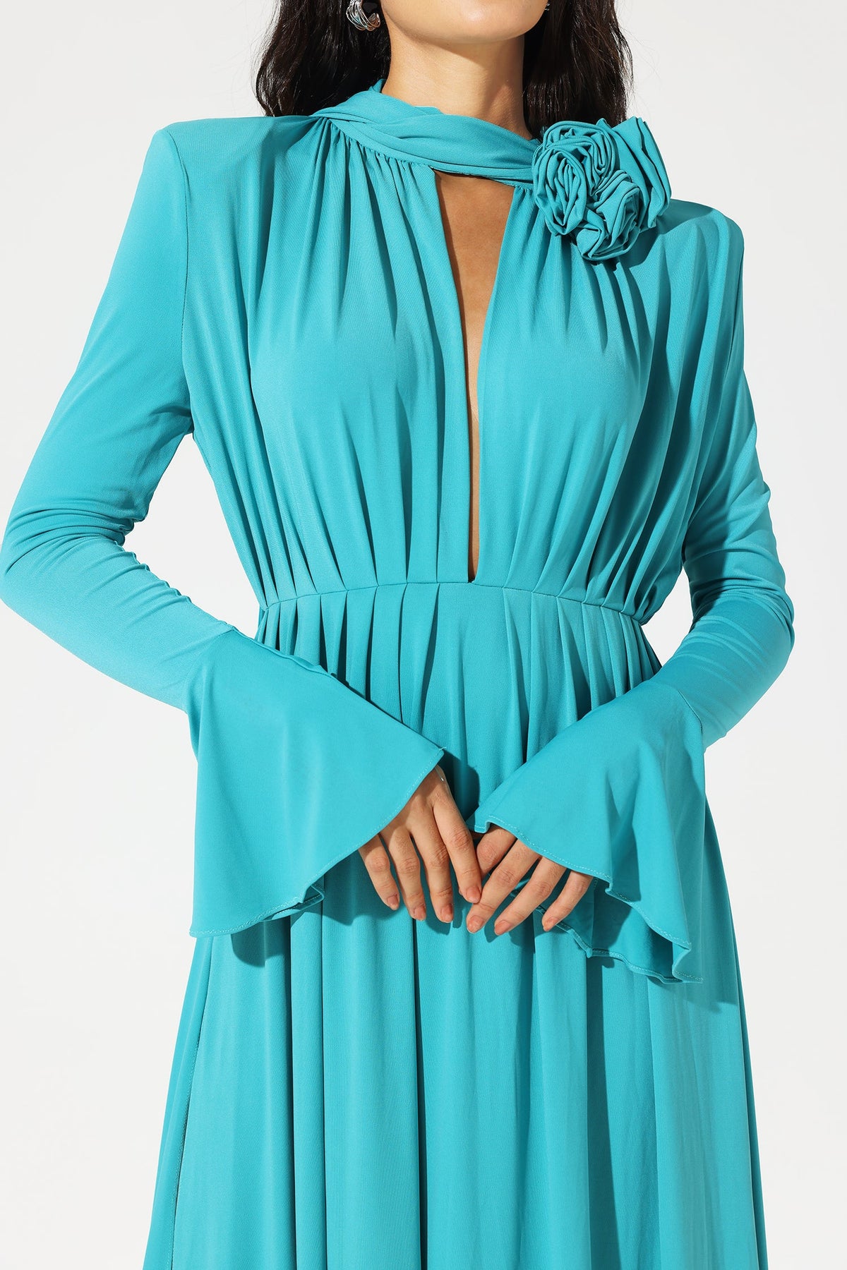 Lantern Sleeve High Collar Flower Slit Midi Dress Blue