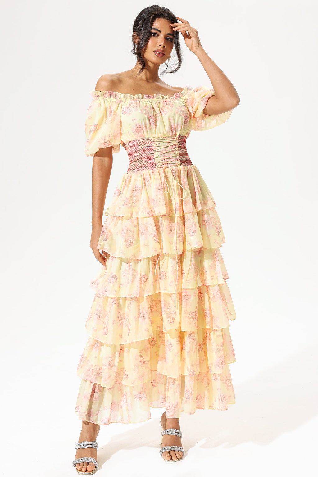 Ruffle Tapered Waist Lace Up Maxi Dress Yellow