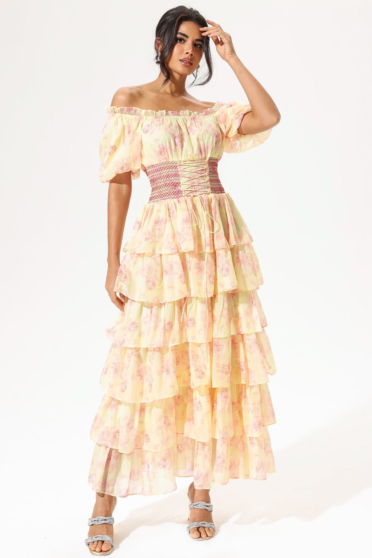 Ruffle Tapered Waist Lace Up Maxi Dress Yellow