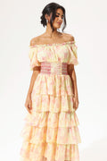 Ruffle Tapered Waist Lace Up Maxi Dress Yellow
