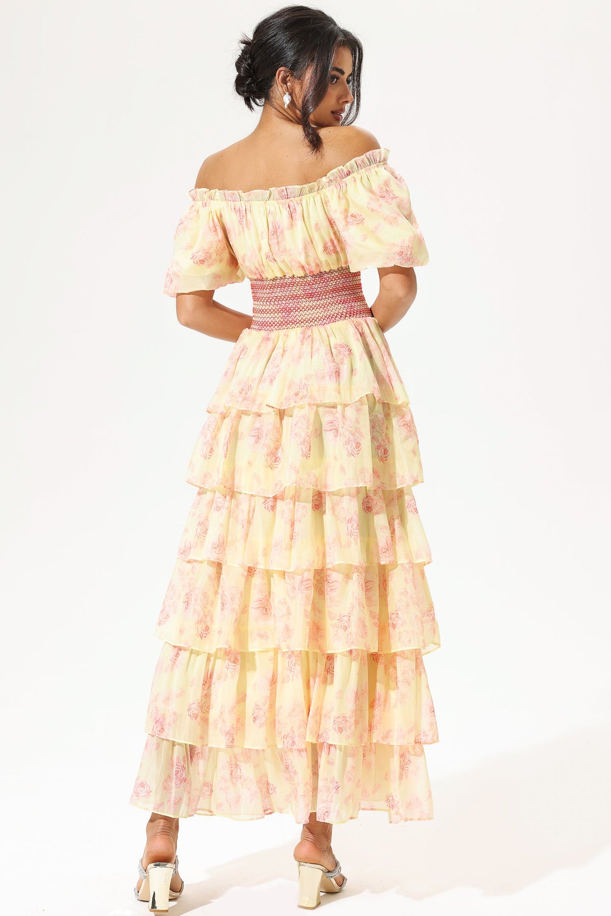 Ruffle Tapered Waist Lace Up Maxi Dress Yellow